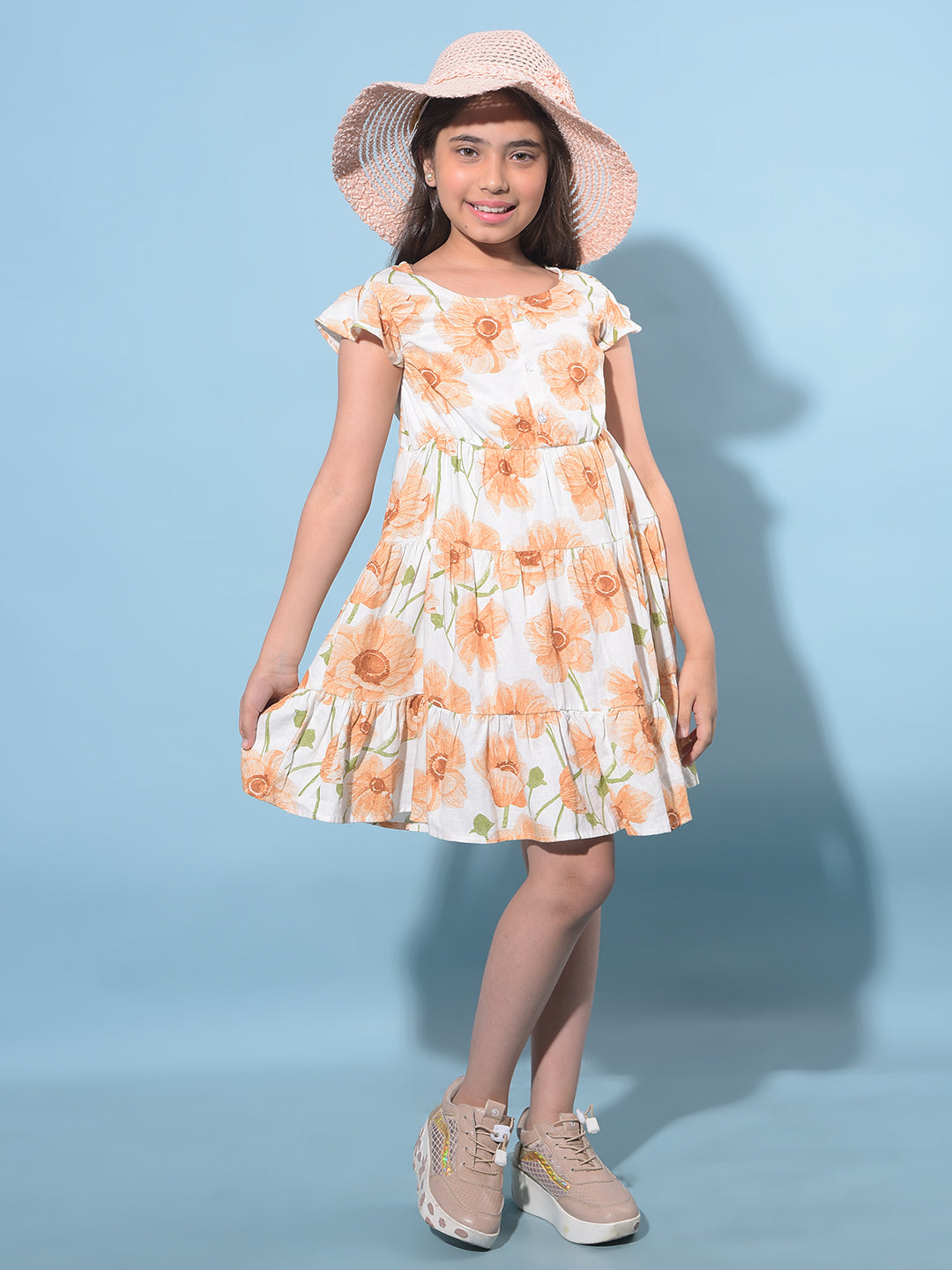 Peach Floral Printed Linen A-Line Dress-Girls Dresses-Crimsoune Club