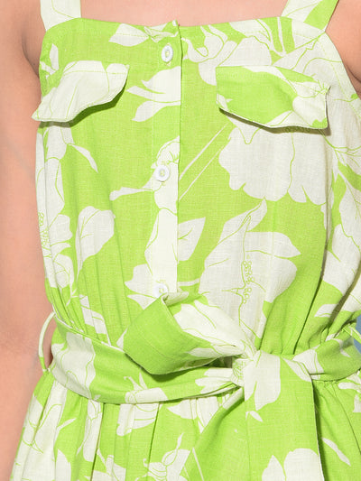 Green Floral Print Linen A-Line Dress-Girls Dresses-Crimsoune Club