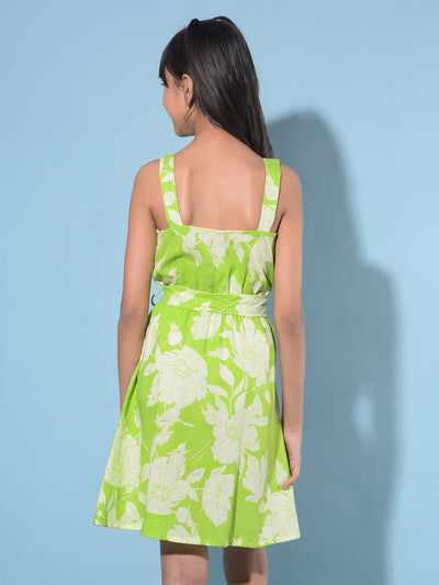 Green Floral Print Linen A-Line Dress-Girls Dresses-Crimsoune Club