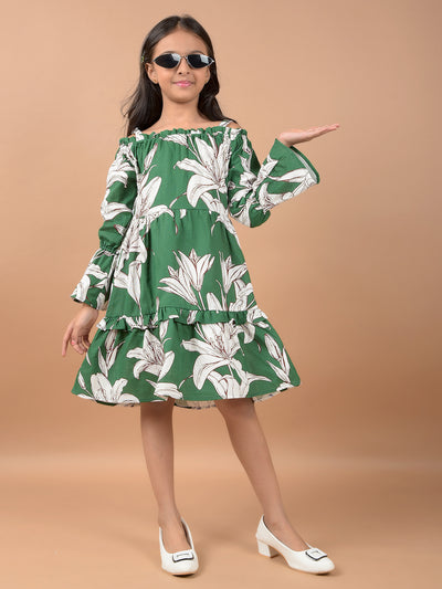 Green Floral Print Shoulder Straps 100% Cotton A-Line Dress-Girls Dresses-Crimsoune Club