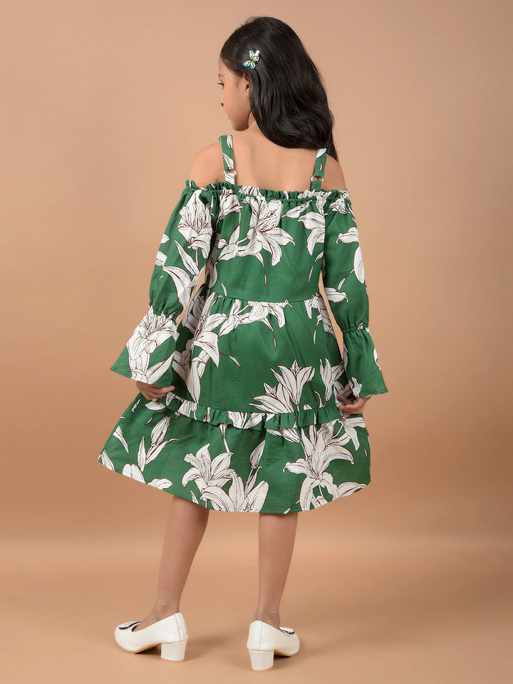 Green Floral Print Shoulder Straps 100% Cotton A-Line Dress-Girls Dresses-Crimsoune Club
