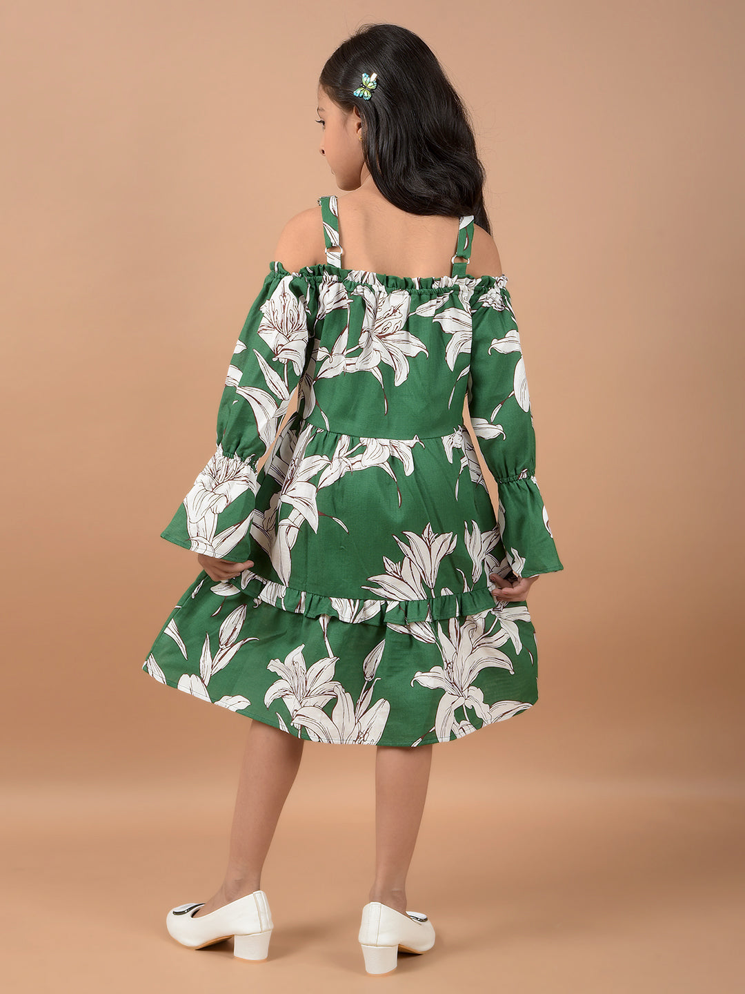 Green Floral Print Shoulder Straps 100% Cotton A-Line Dress-Girls Dresses-Crimsoune Club