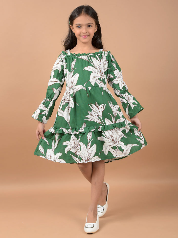 Green Floral Print Shoulder Straps 100% Cotton A-Line Dress-Girls Dresses-Crimsoune Club