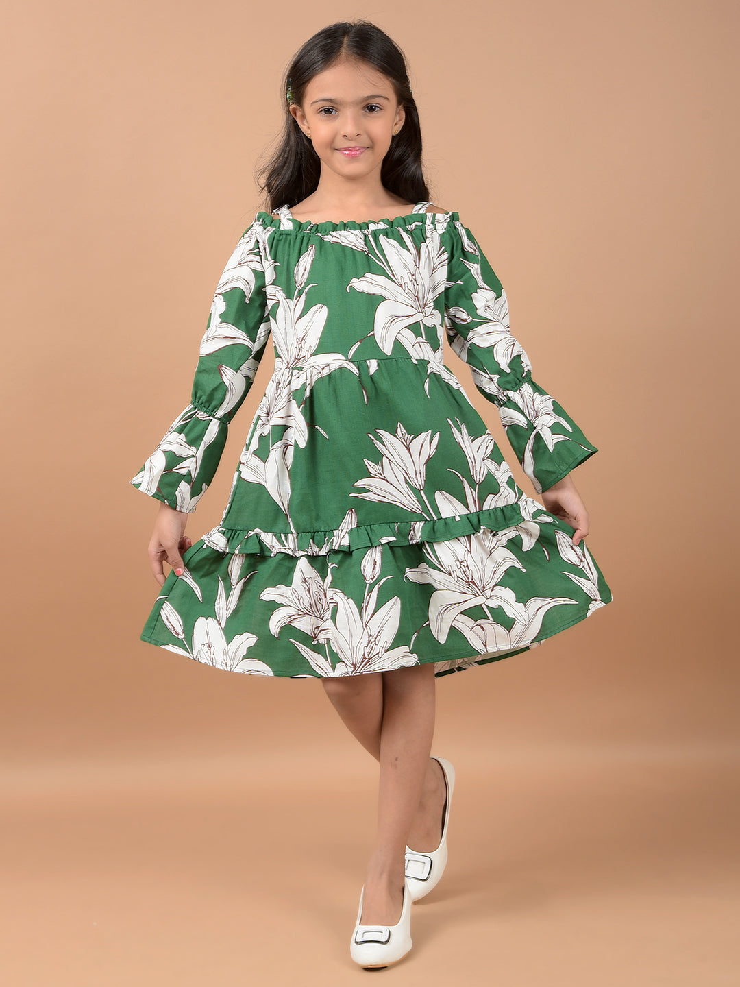 Green Floral Print Shoulder Straps 100% Cotton A-Line Dress-Girls Dresses-Crimsoune Club