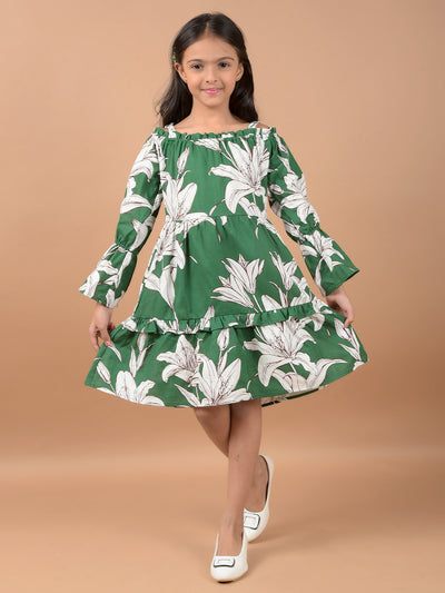 Green Floral Print Shoulder Straps 100% Cotton A-Line Dress-Girls Dresses-Crimsoune Club