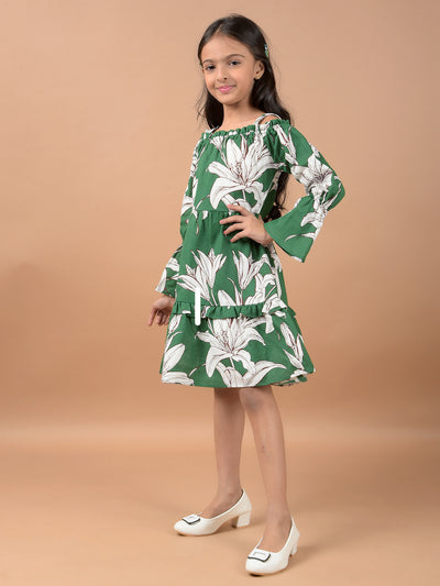 Green Floral Print Shoulder Straps 100% Cotton A-Line Dress-Girls Dresses-Crimsoune Club