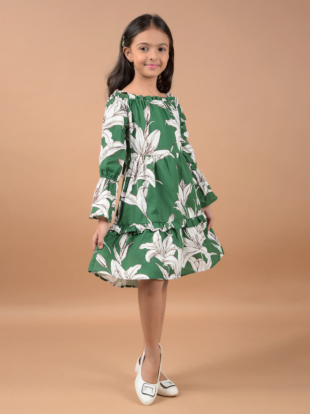 Green Floral Print Shoulder Straps 100% Cotton A-Line Dress-Girls Dresses-Crimsoune Club