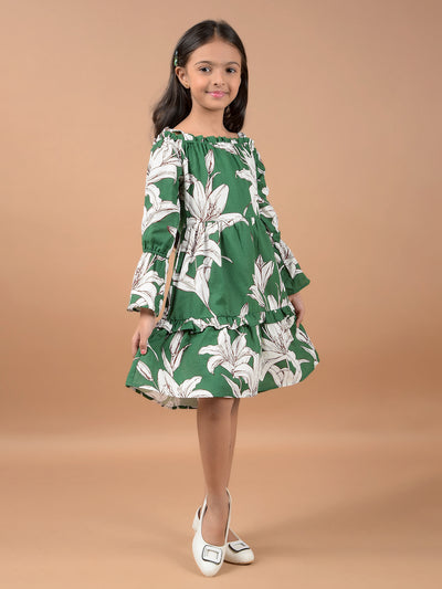 Green Floral Print Shoulder Straps 100% Cotton A-Line Dress-Girls Dresses-Crimsoune Club