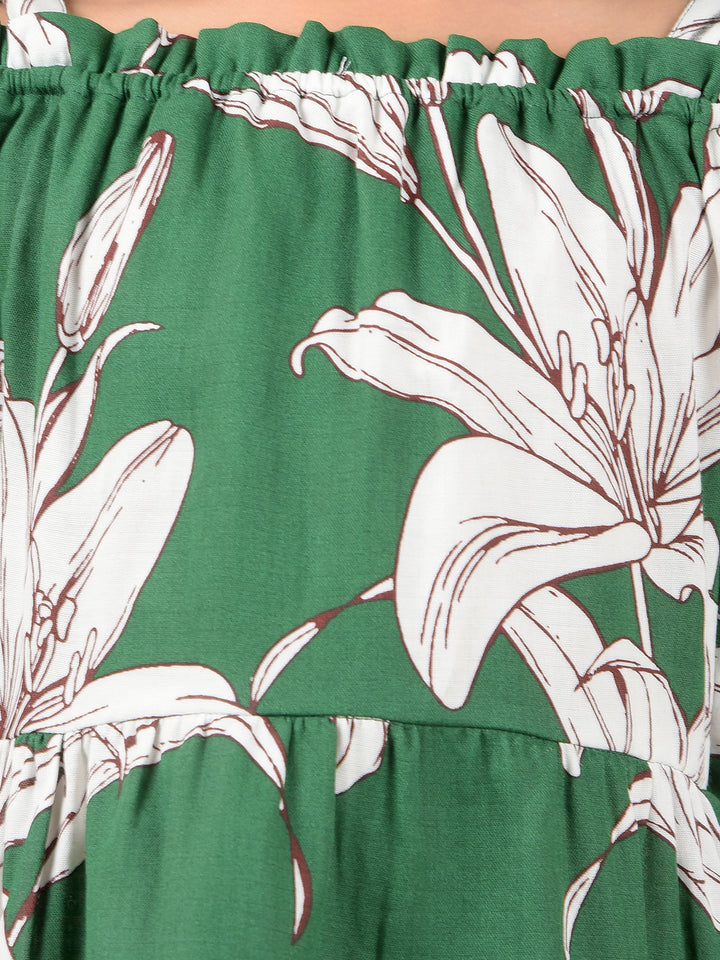 Green Floral Print Shoulder Straps 100% Cotton A-Line Dress-Girls Dresses-Crimsoune Club