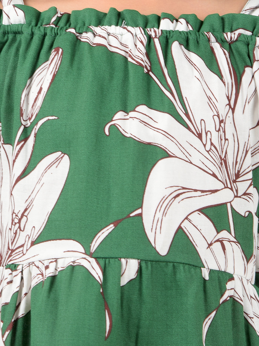 Green Floral Print Shoulder Straps 100% Cotton A-Line Dress-Girls Dresses-Crimsoune Club
