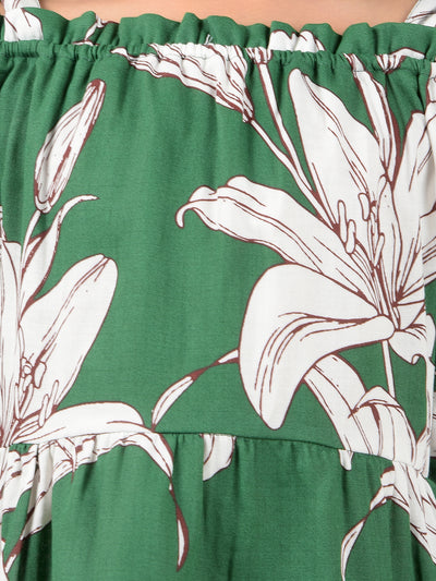 Green Floral Print Shoulder Straps 100% Cotton A-Line Dress-Girls Dresses-Crimsoune Club