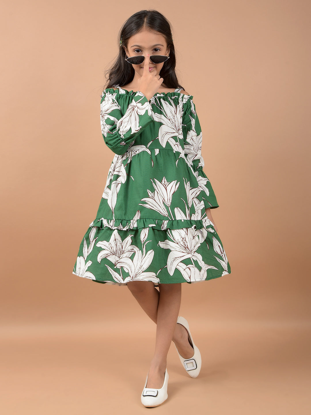 Green Floral Print Shoulder Straps 100% Cotton A-Line Dress-Girls Dresses-Crimsoune Club