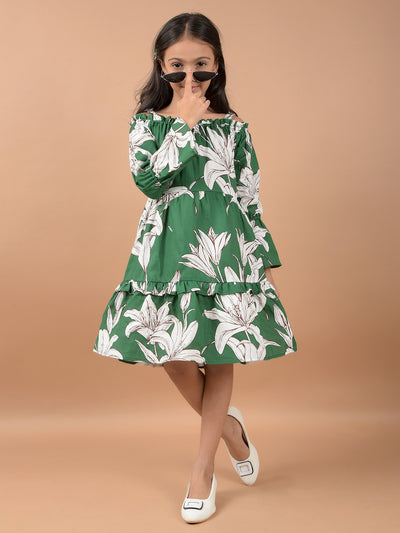 Green Floral Print Shoulder Straps 100% Cotton A-Line Dress-Girls Dresses-Crimsoune Club