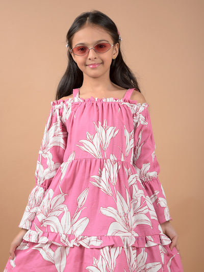 Pink Floral Print Shoulder Straps 100% Cotton A-Line Dress-Girls Dresses-Crimsoune Club