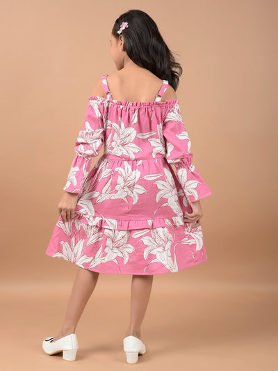 Pink Floral Print Shoulder Straps 100% Cotton A-Line Dress-Girls Dresses-Crimsoune Club