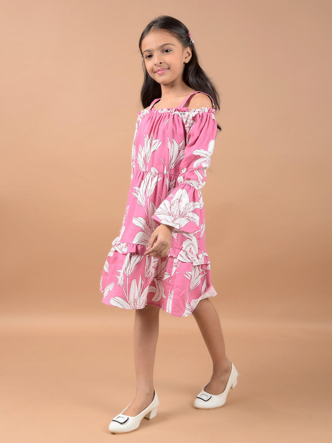 Pink Floral Print Shoulder Straps 100% Cotton A-Line Dress-Girls Dresses-Crimsoune Club