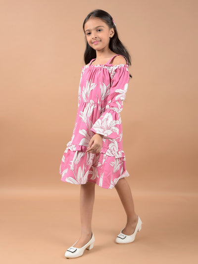 Pink Floral Print Shoulder Straps 100% Cotton A-Line Dress-Girls Dresses-Crimsoune Club