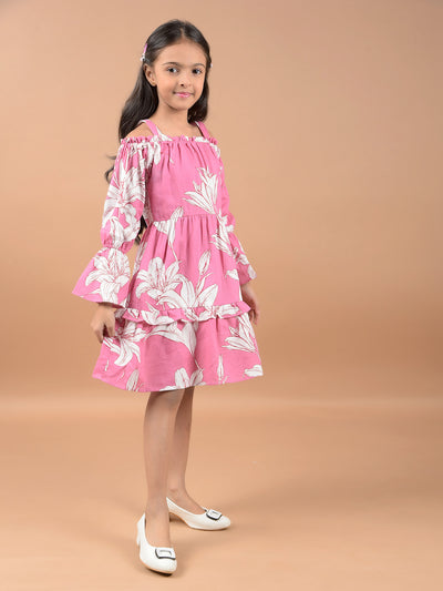 Pink Floral Print Shoulder Straps 100% Cotton A-Line Dress-Girls Dresses-Crimsoune Club