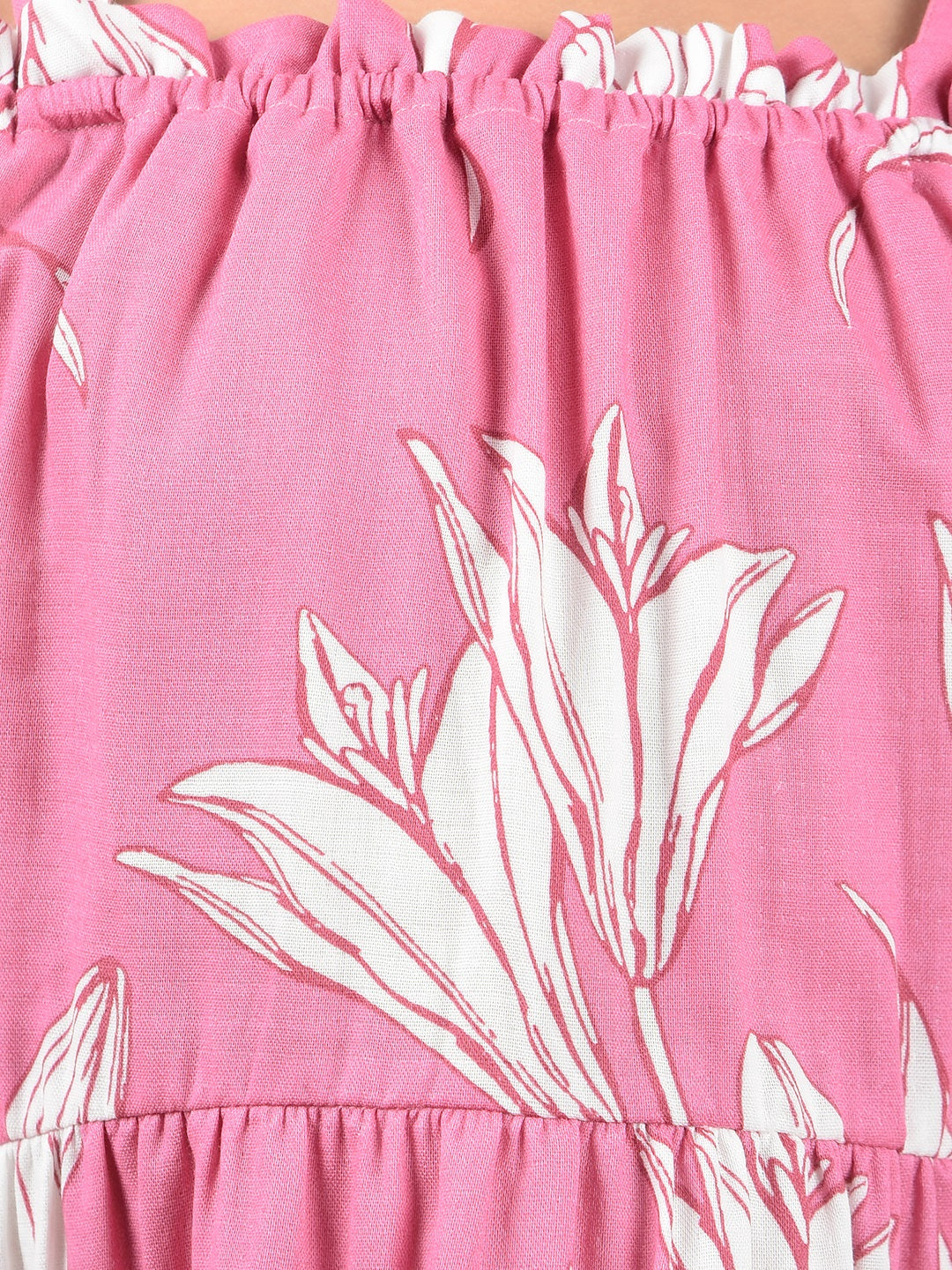 Pink Floral Print Shoulder Straps 100% Cotton A-Line Dress-Girls Dresses-Crimsoune Club