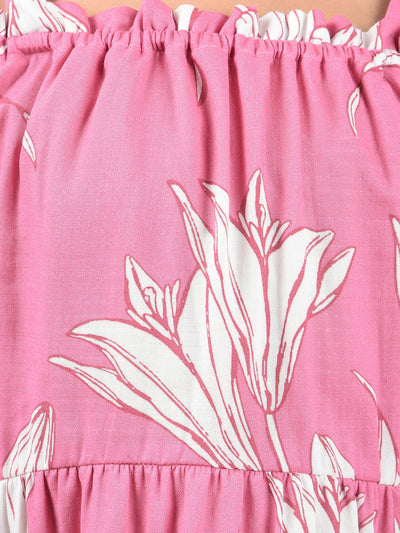 Pink Floral Print Shoulder Straps 100% Cotton A-Line Dress-Girls Dresses-Crimsoune Club