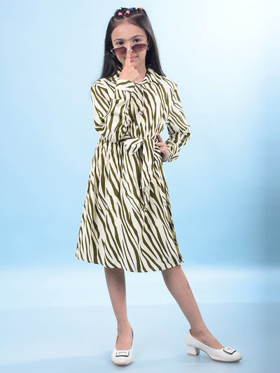 Olive Printed Shirt Dress with Belt-Girls Dresses-Crimsoune Club