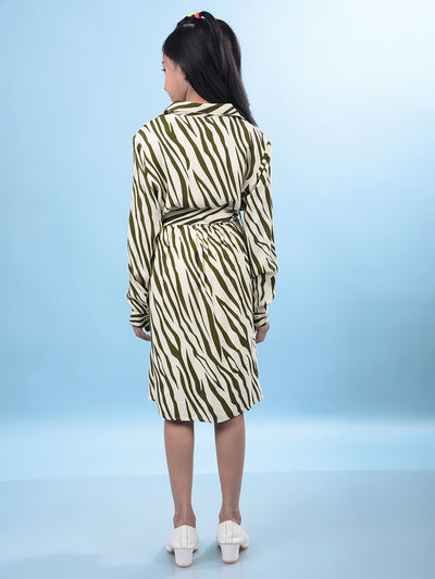 Olive Printed Shirt Dress with Belt-Girls Dresses-Crimsoune Club