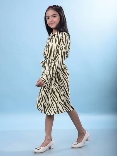 Olive Printed Shirt Dress with Belt-Girls Dresses-Crimsoune Club