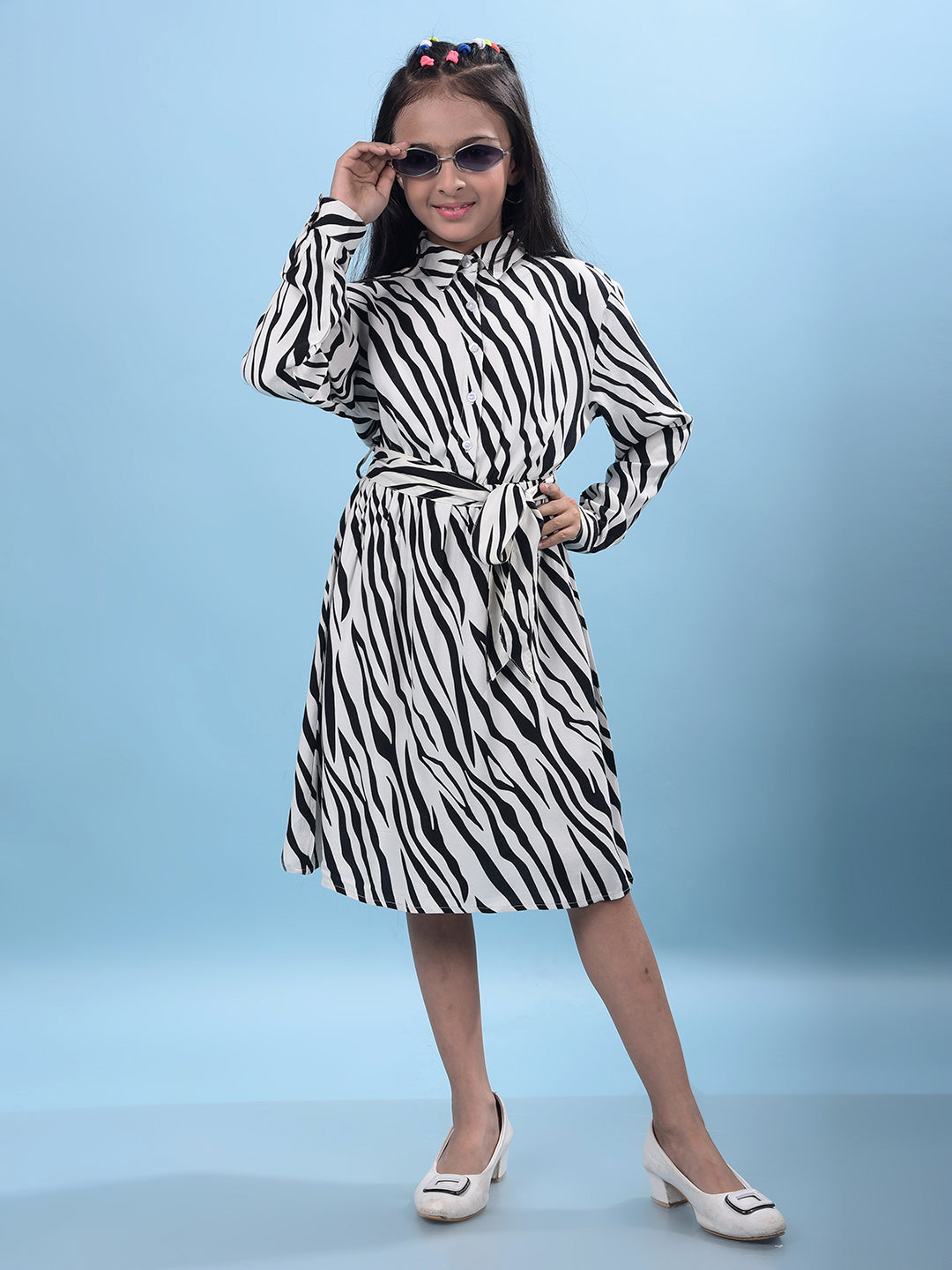 Black Printed Shirt Dress with Belt-Girls Dresses-Crimsoune Club