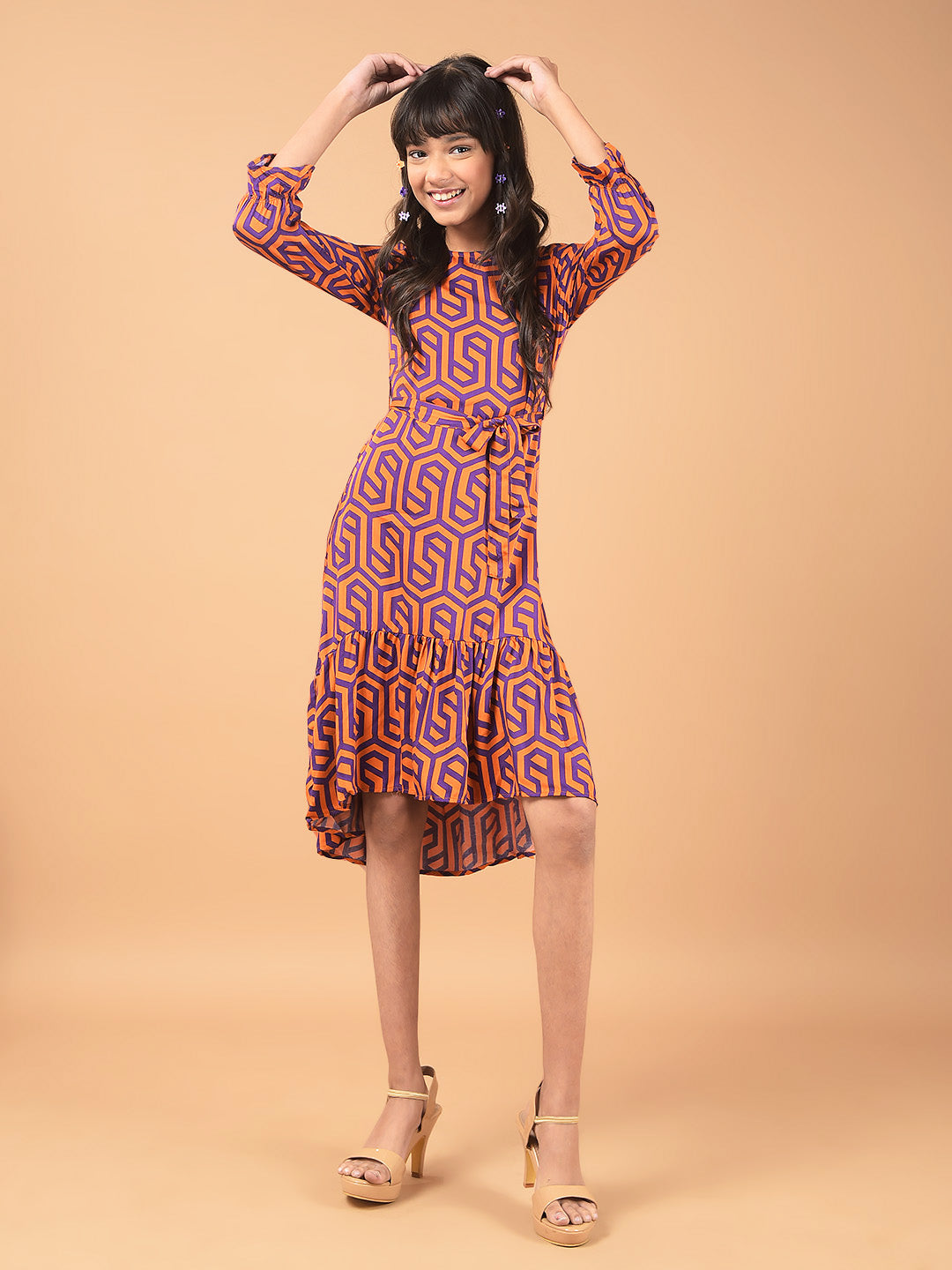 Orange Printed Knee Length A-Line Dress-Girls Dresses-Crimsoune Club