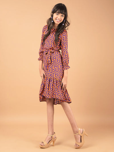 Orange Printed Knee Length A-Line Dress-Girls Dresses-Crimsoune Club
