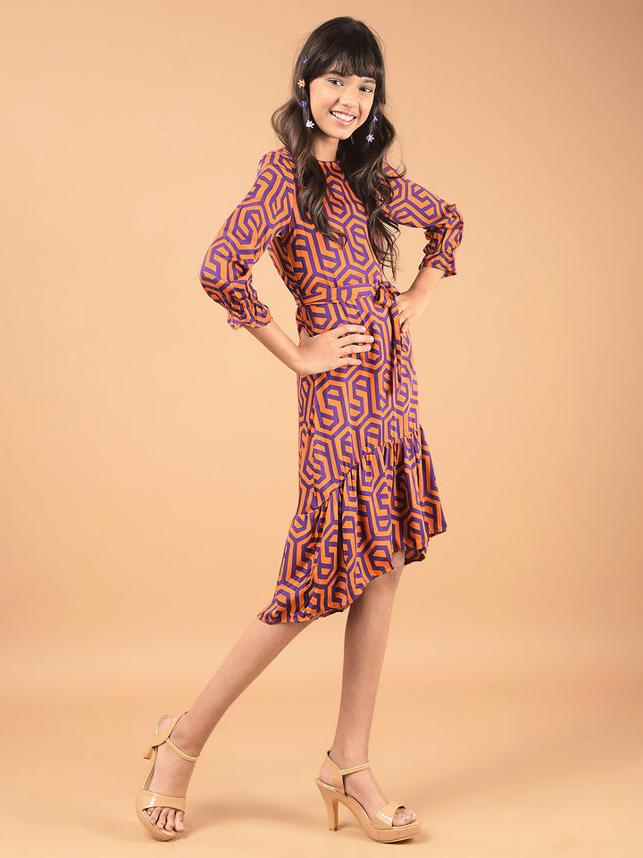 Orange Printed Knee Length A-Line Dress-Girls Dresses-Crimsoune Club