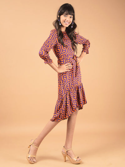 Orange Printed Knee Length A-Line Dress-Girls Dresses-Crimsoune Club