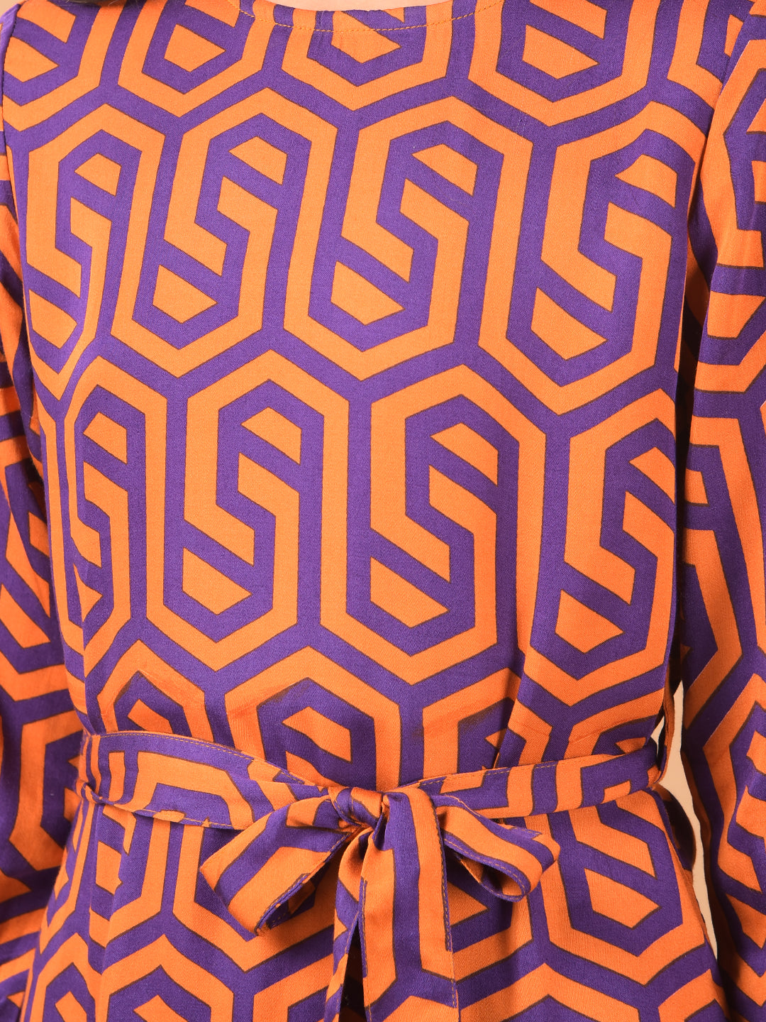 Orange Printed Knee Length A-Line Dress-Girls Dresses-Crimsoune Club