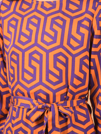 Orange Printed Knee Length A-Line Dress-Girls Dresses-Crimsoune Club