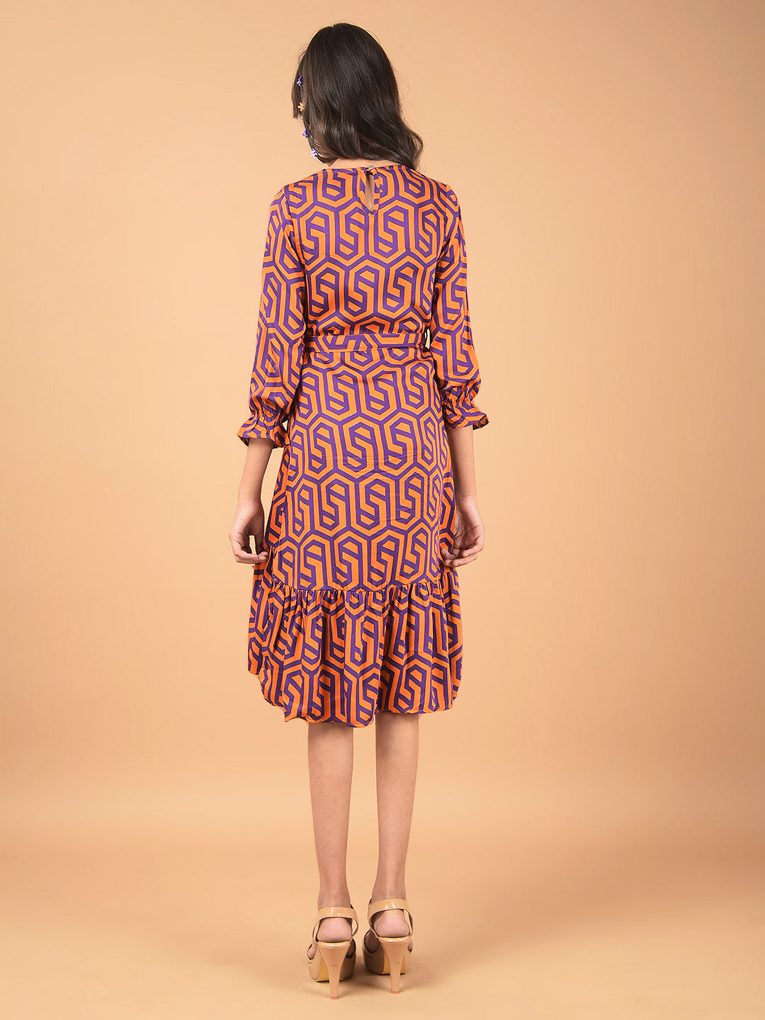 Orange Printed Knee Length A-Line Dress-Girls Dresses-Crimsoune Club