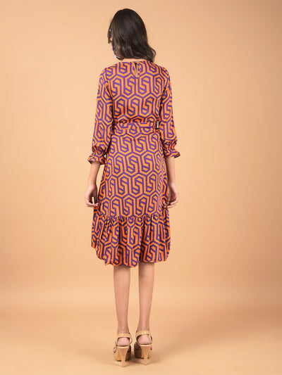 Orange Printed Knee Length A-Line Dress-Girls Dresses-Crimsoune Club