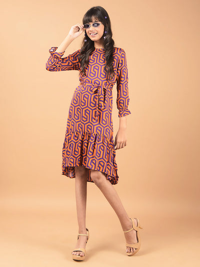 Orange Printed Knee Length A-Line Dress-Girls Dresses-Crimsoune Club