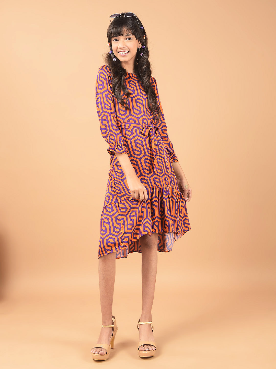 Orange Printed Knee Length A-Line Dress-Girls Dresses-Crimsoune Club