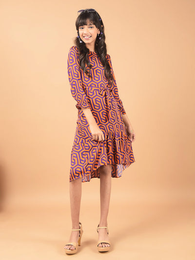 Orange Printed Knee Length A-Line Dress-Girls Dresses-Crimsoune Club