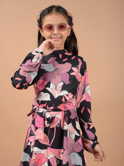 Multi-Color Floral Print High Neck A-Line Dress-Girls Dresses-Crimsoune Club