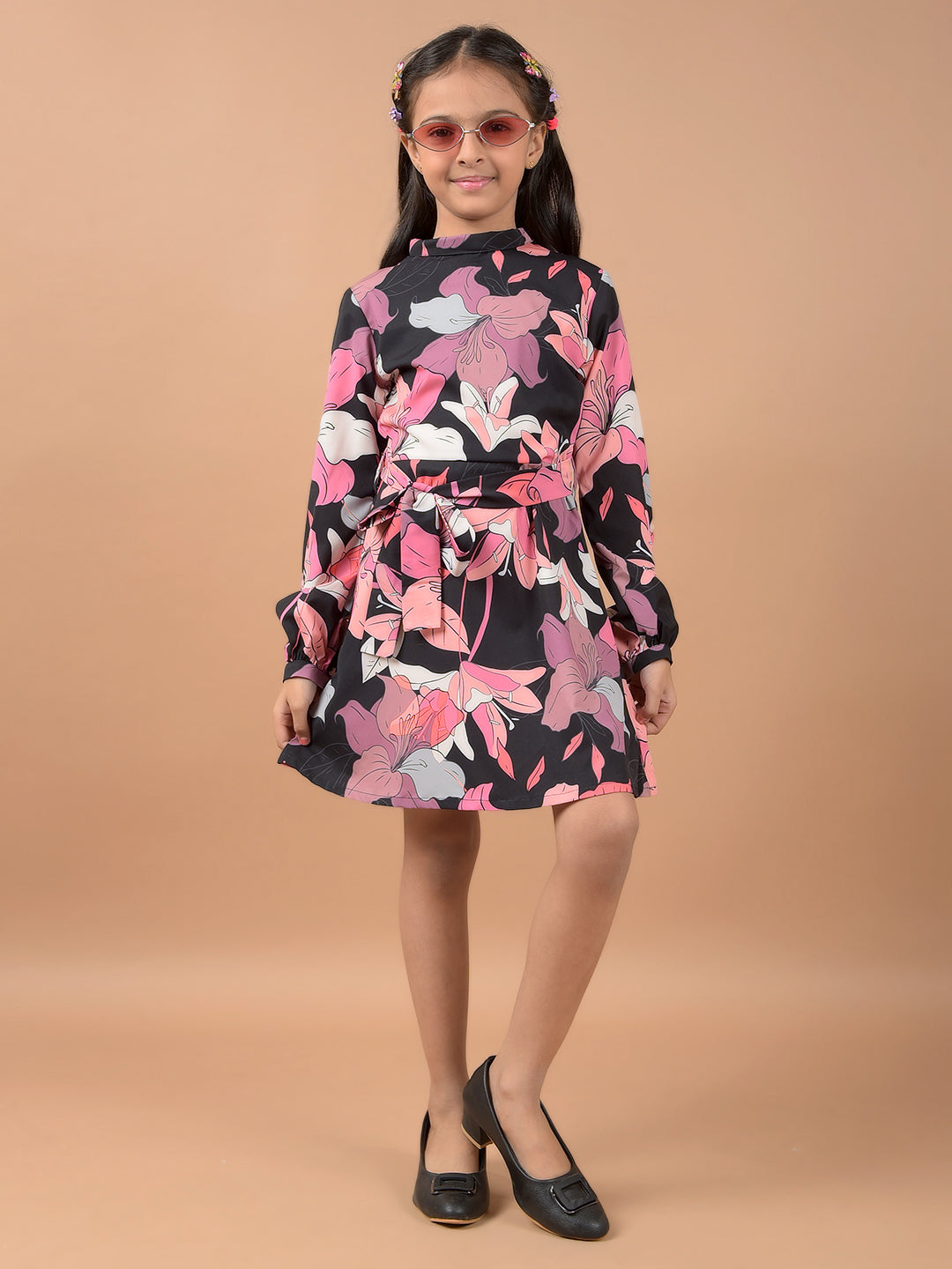 Multi-Color Floral Print High Neck A-Line Dress-Girls Dresses-Crimsoune Club