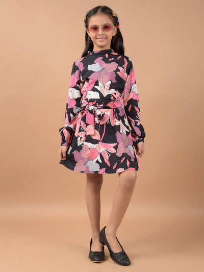 Multi-Color Floral Print High Neck A-Line Dress-Girls Dresses-Crimsoune Club