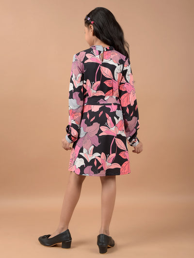 Multi-Color Floral Print High Neck A-Line Dress-Girls Dresses-Crimsoune Club