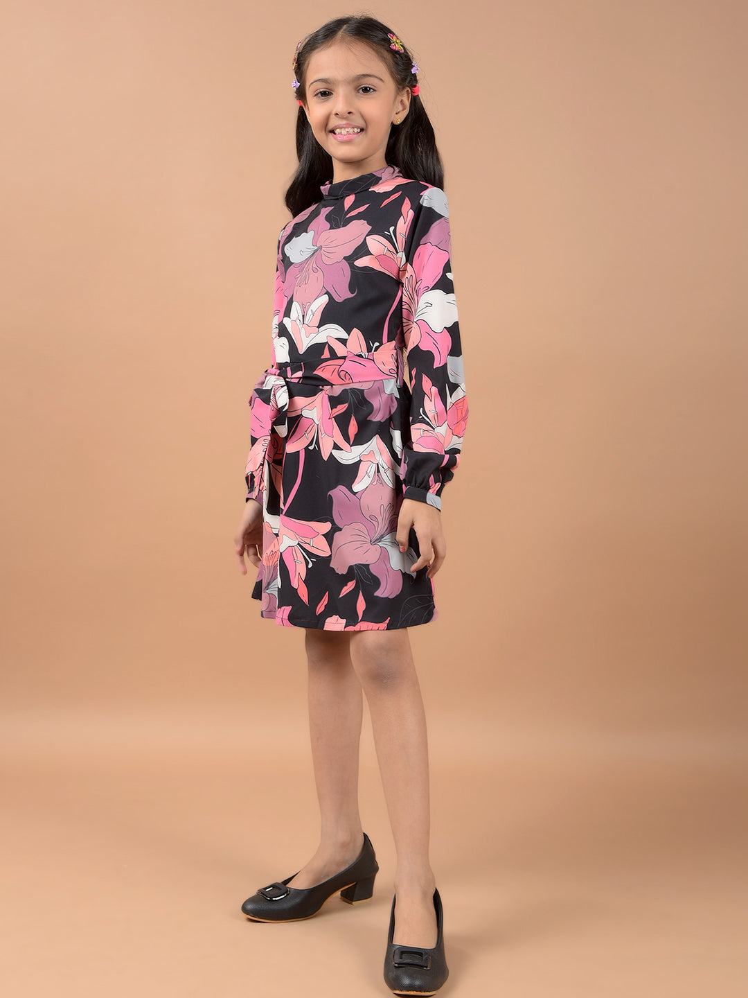 Multi-Color Floral Print High Neck A-Line Dress-Girls Dresses-Crimsoune Club