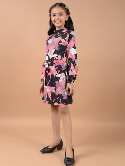 Multi-Color Floral Print High Neck A-Line Dress-Girls Dresses-Crimsoune Club