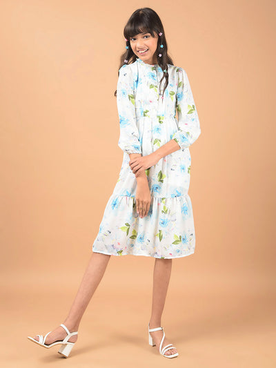 Multi-Color Floral Print Mandarin Collar A-Line Dress-Girls Dresses-Crimsoune Club