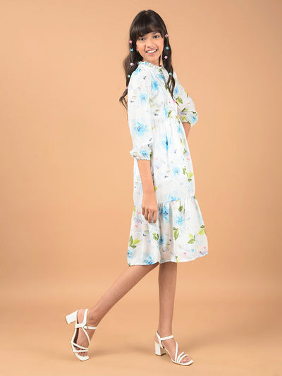 Multi-Color Floral Print Mandarin Collar A-Line Dress-Girls Dresses-Crimsoune Club