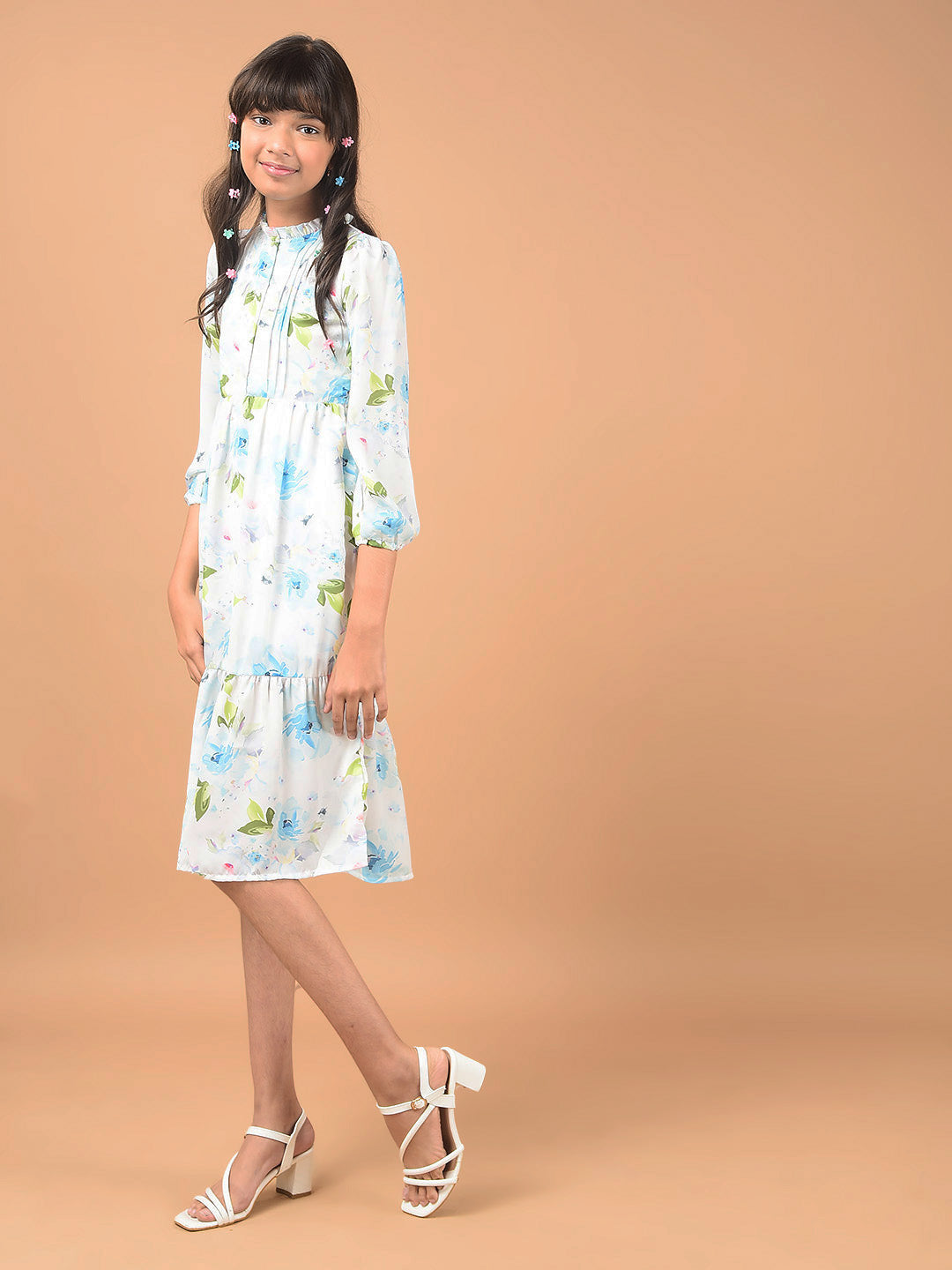 Multi-Color Floral Print Mandarin Collar A-Line Dress-Girls Dresses-Crimsoune Club