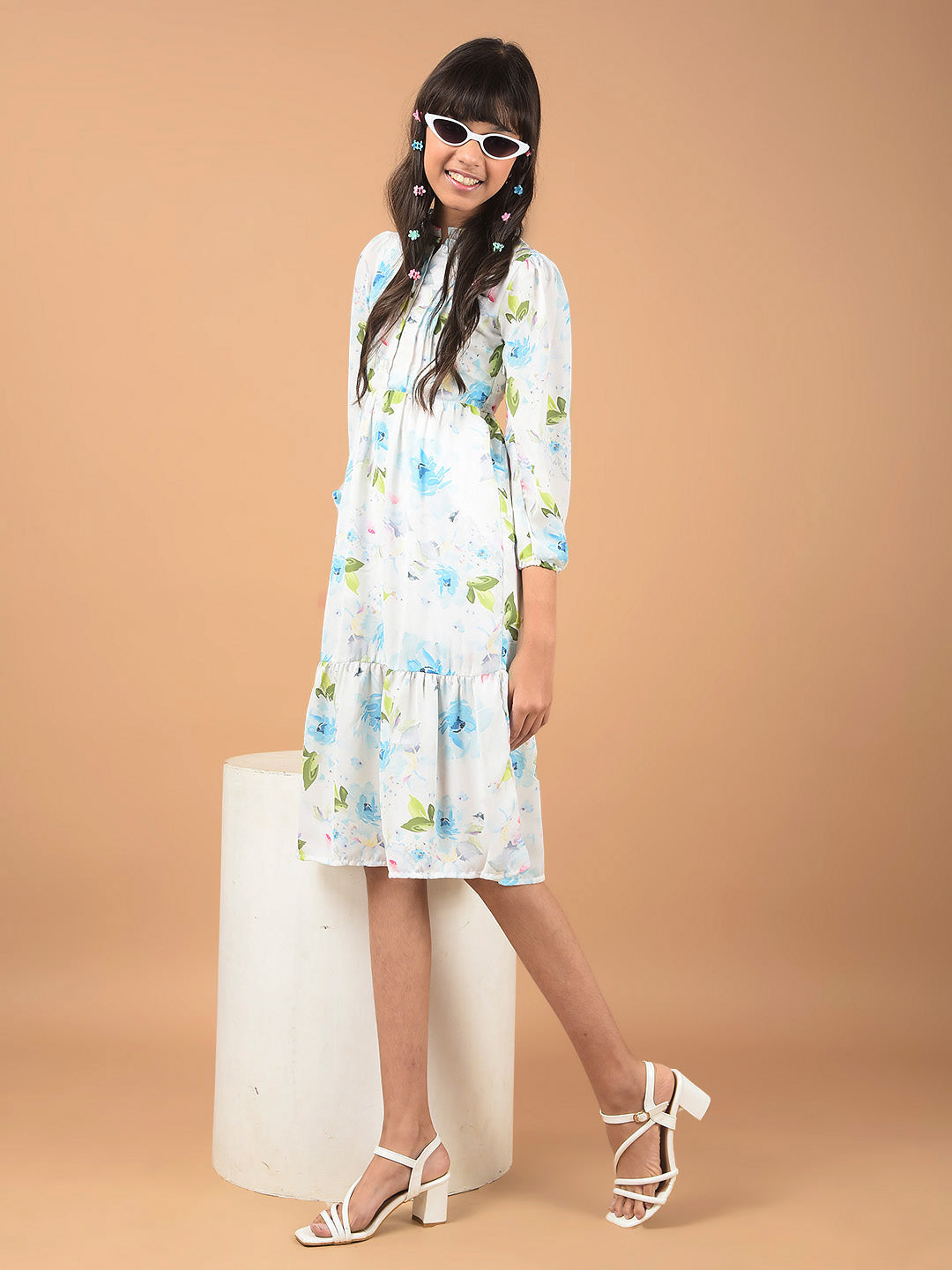 Multi-Color Floral Print Mandarin Collar A-Line Dress-Girls Dresses-Crimsoune Club
