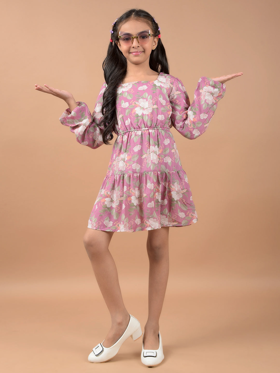 Multi-Color Floral Print Square Neck A-Line Dress-Girls Dresses-Crimsoune Club